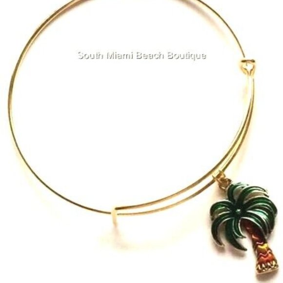 Gold Palm Tree Charm Bracelet Adjustable Coconut Island Hawaiian Wire Plated - Picture 2 of 6